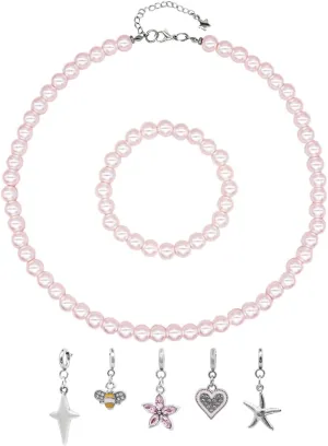 8mm Faux Pearl Necklace Elastic Bracelet Jewelry Set Beige White Pink Fake Pearl Jewelry