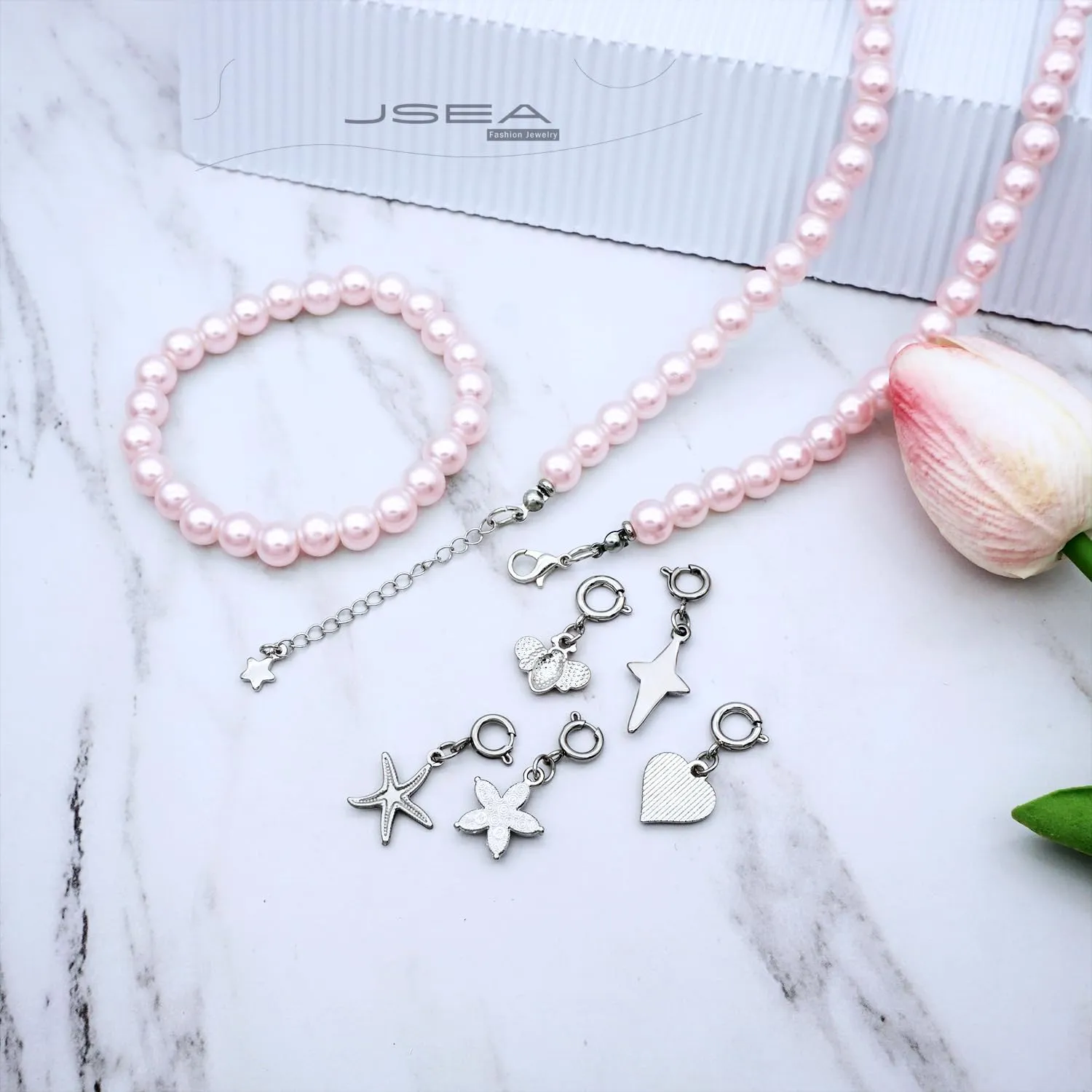 8mm Faux Pearl Necklace Elastic Bracelet Jewelry Set Beige White Pink Fake Pearl Jewelry