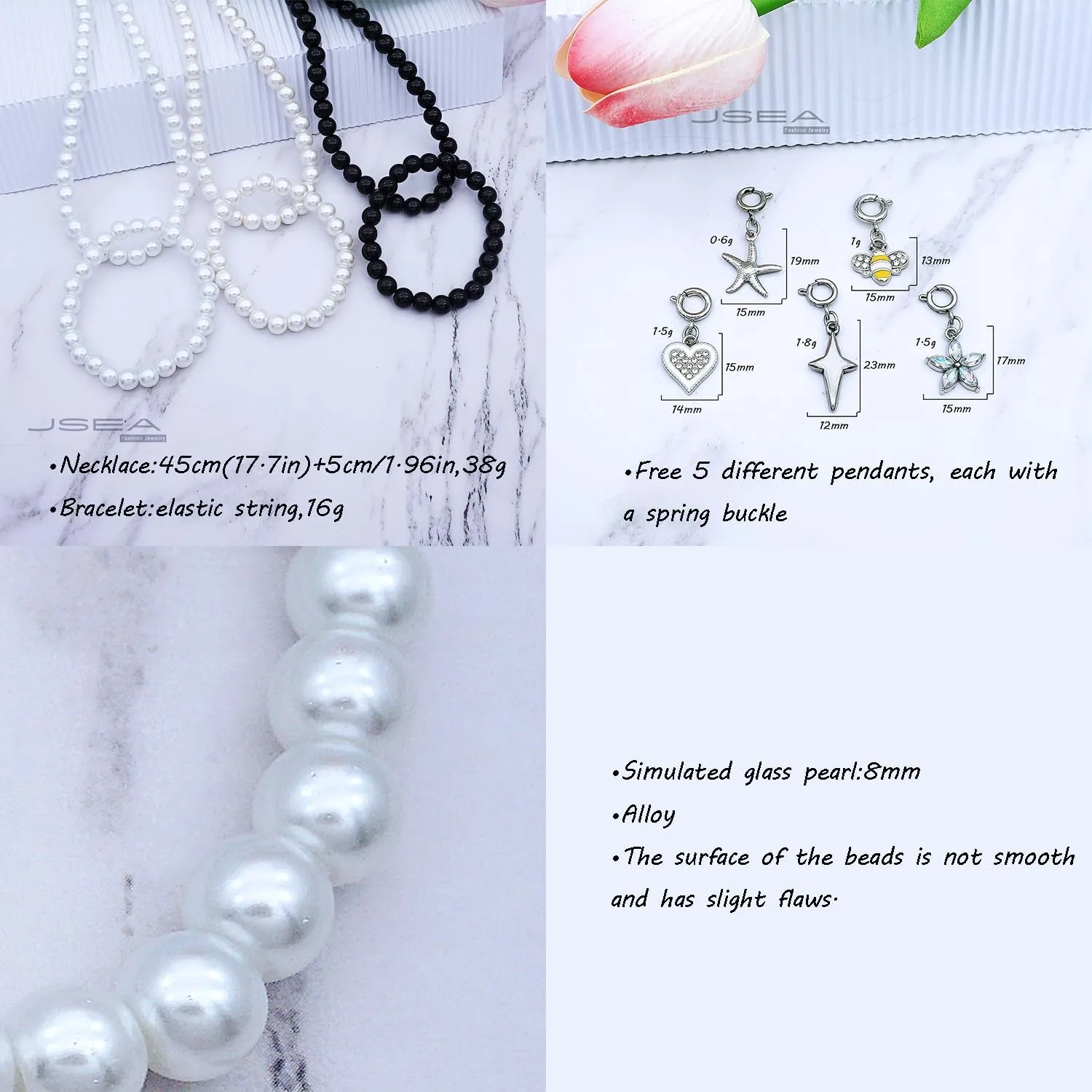 8mm Faux Pearl Necklace Elastic Bracelet Jewelry Set Beige White Pink Fake Pearl Jewelry