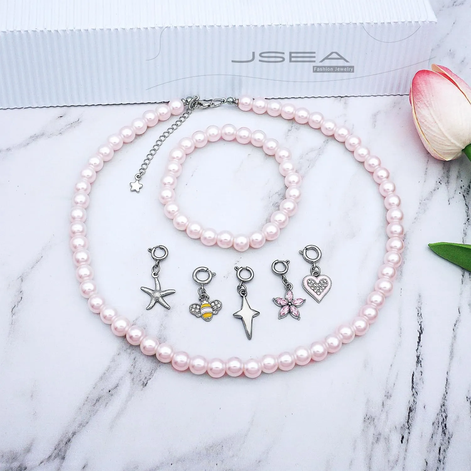 8mm Faux Pearl Necklace Elastic Bracelet Jewelry Set Beige White Pink Fake Pearl Jewelry
