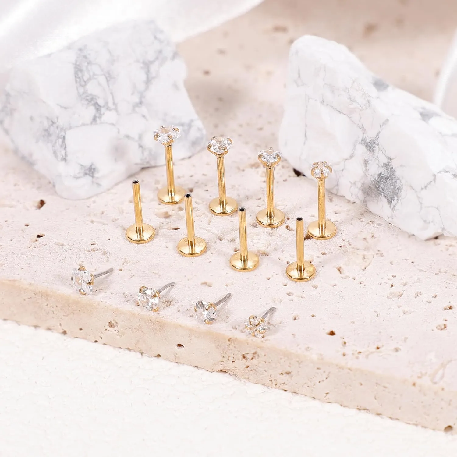 8Pcs 16-20G Stainless Steel Threadless Push in Nose Rings Studs for Women CZ Tragus Earring Set Labret Monroe Medusa Piercing Lip Ring Cartilage Tragus Helix Studs