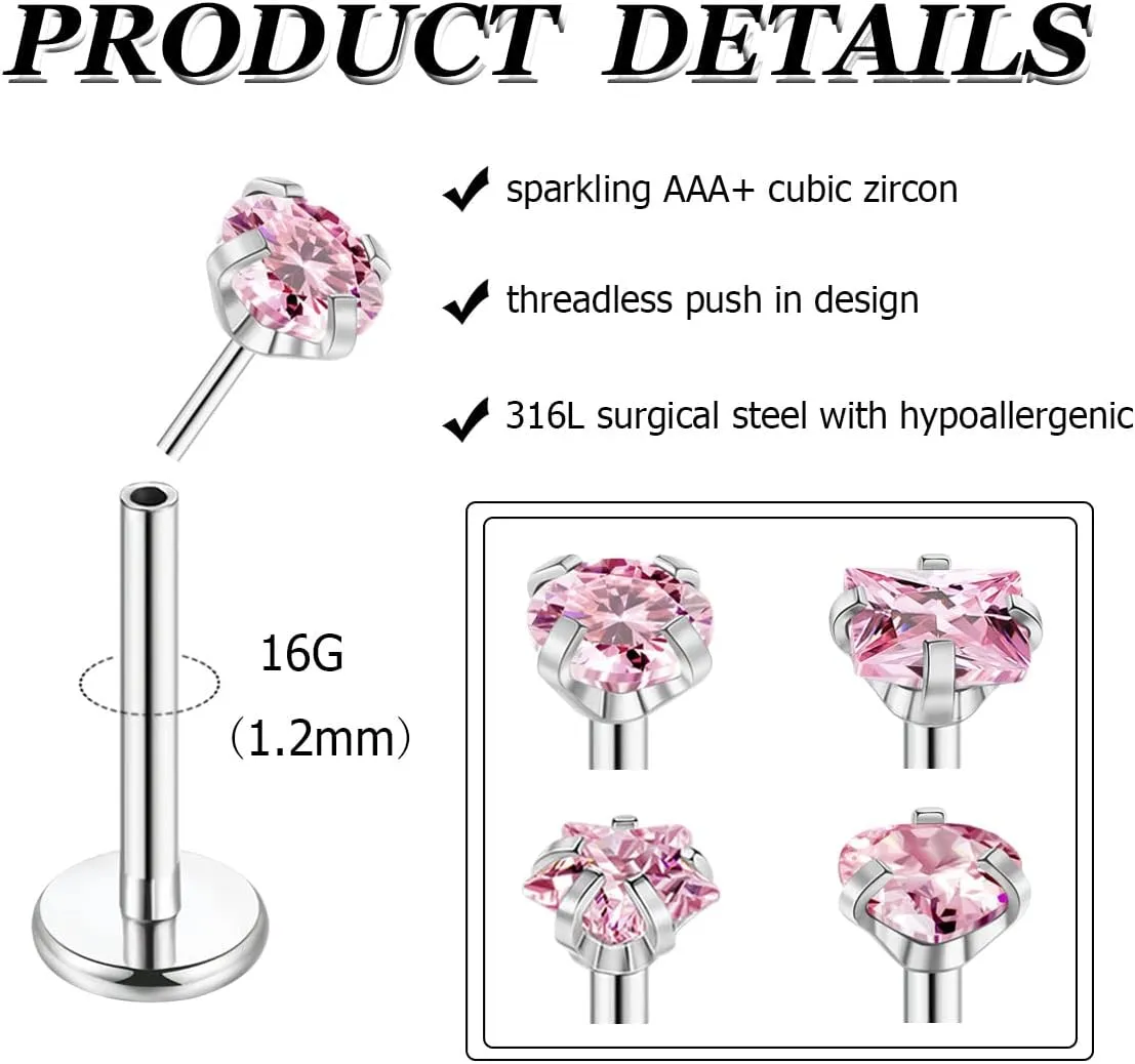 8Pcs 16-20G Stainless Steel Threadless Push in Nose Rings Studs for Women CZ Tragus Earring Set Labret Monroe Medusa Piercing Lip Ring Cartilage Tragus Helix Studs