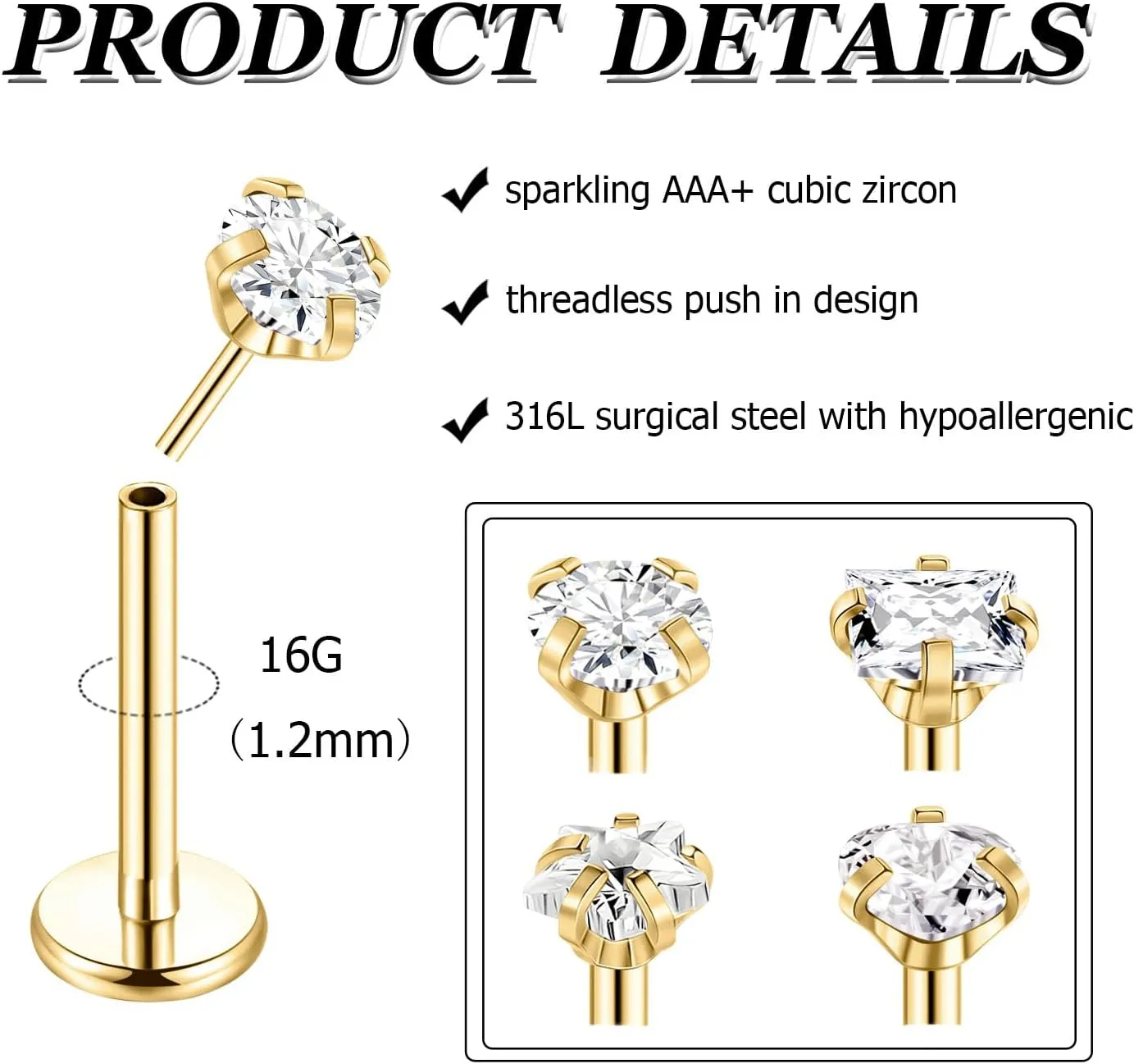 8Pcs 16-20G Stainless Steel Threadless Push in Nose Rings Studs for Women CZ Tragus Earring Set Labret Monroe Medusa Piercing Lip Ring Cartilage Tragus Helix Studs