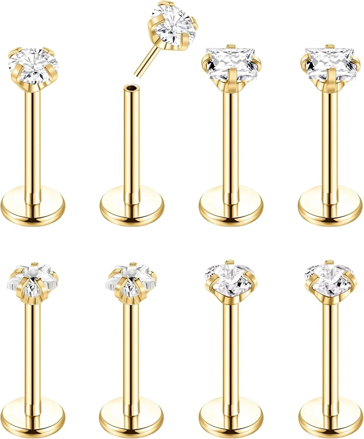 8Pcs 16-20G Stainless Steel Threadless Push in Nose Rings Studs for Women CZ Tragus Earring Set Labret Monroe Medusa Piercing Lip Ring Cartilage Tragus Helix Studs