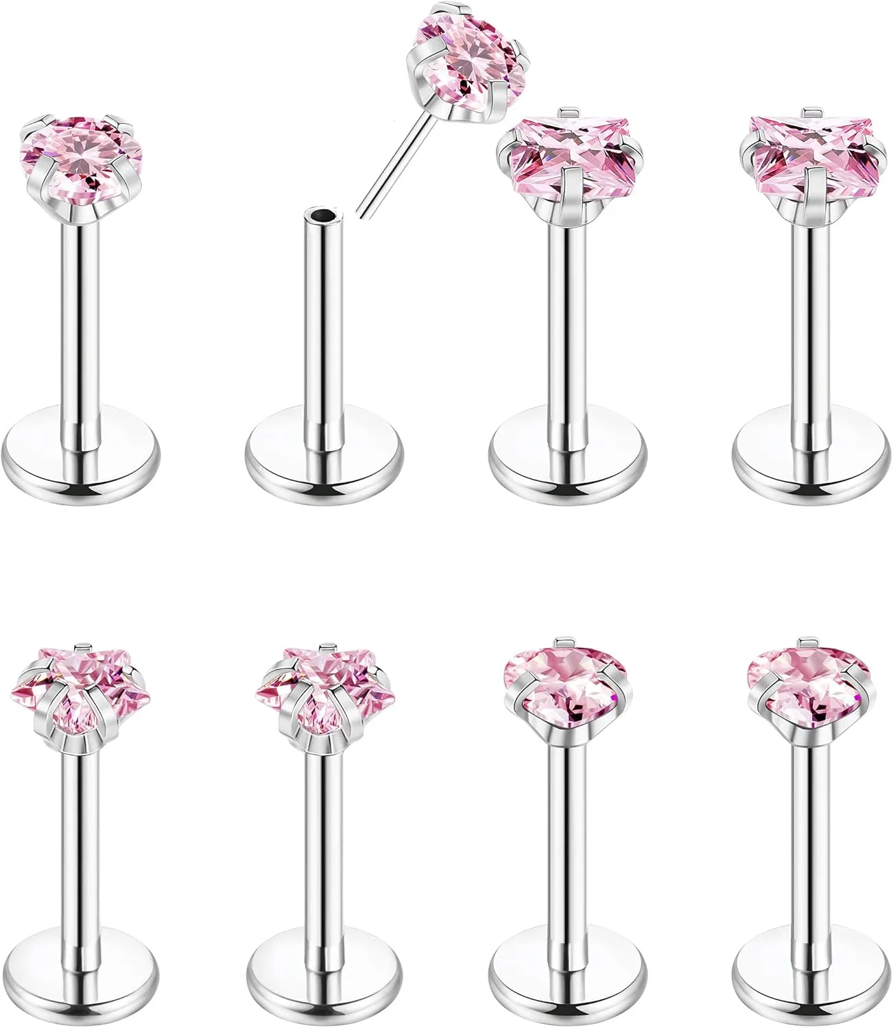 8Pcs 16-20G Stainless Steel Threadless Push in Nose Rings Studs for Women CZ Tragus Earring Set Labret Monroe Medusa Piercing Lip Ring Cartilage Tragus Helix Studs