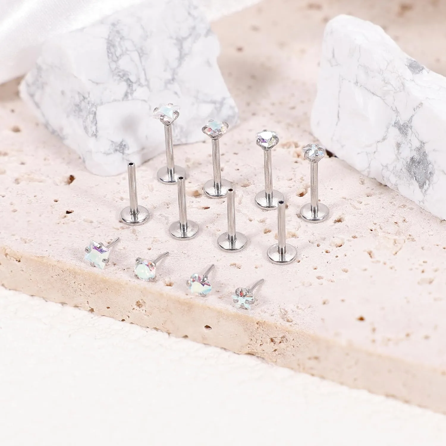 8Pcs 16-20G Stainless Steel Threadless Push in Nose Rings Studs for Women CZ Tragus Earring Set Labret Monroe Medusa Piercing Lip Ring Cartilage Tragus Helix Studs