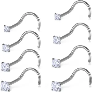 8pcs Nose Rings Stud, Surgical Steel Nose Studs, L Shaped Noses Rings, Silver Corkscrew Noses Studs Jewelry for Women Men, Size 1.5mm 2mm 2.5mm 3mm