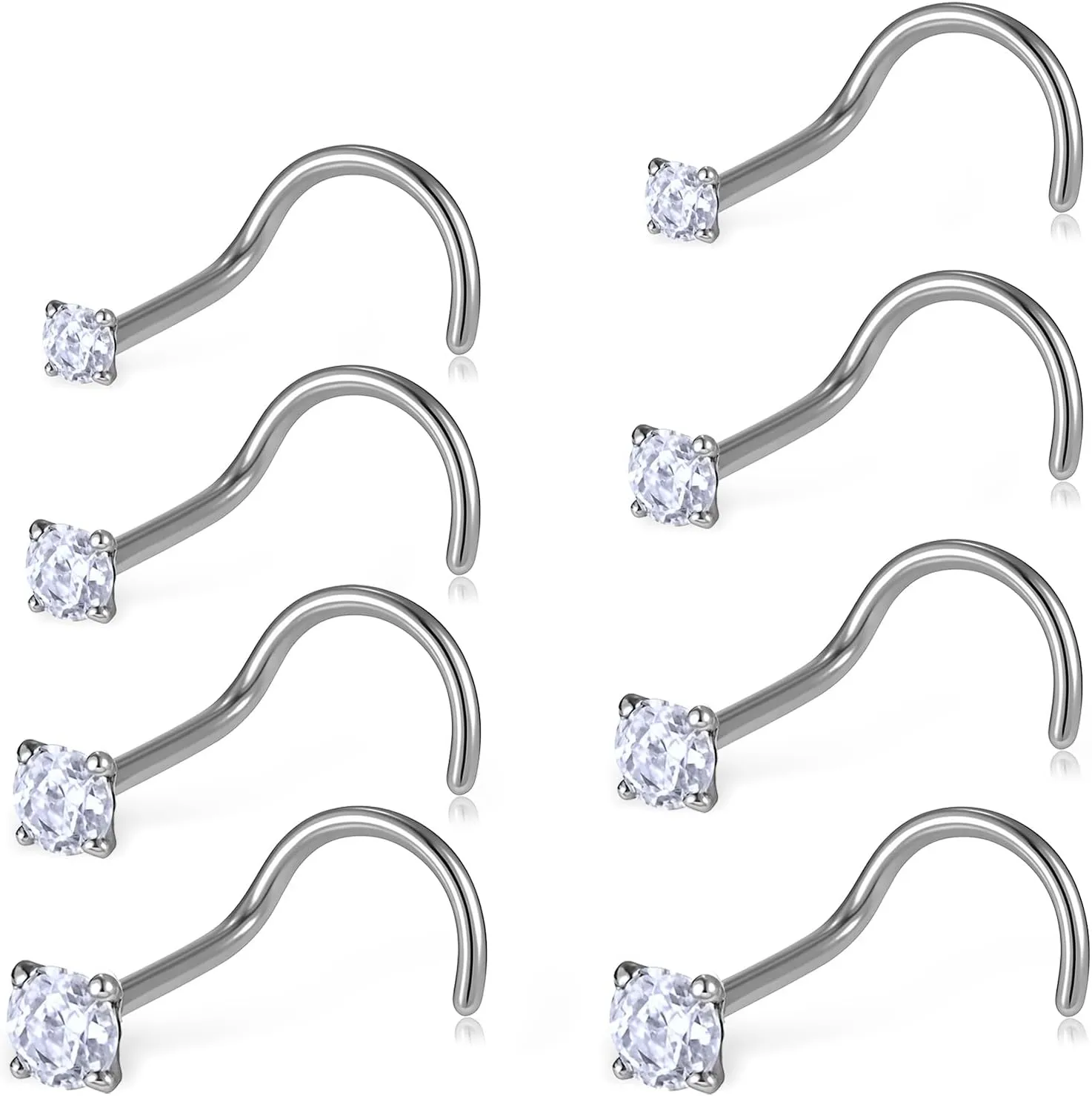 8pcs Nose Rings Stud, Surgical Steel Nose Studs, L Shaped Noses Rings, Silver Corkscrew Noses Studs Jewelry for Women Men, Size 1.5mm 2mm 2.5mm 3mm