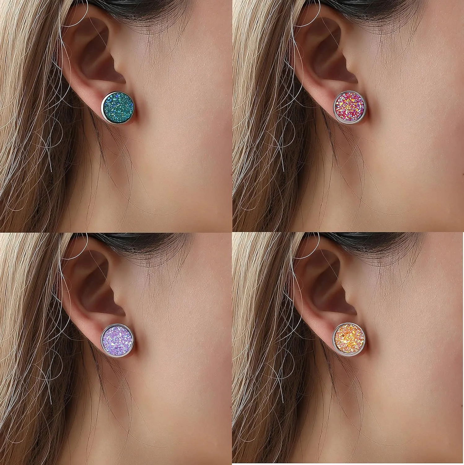 9/18Pairs 20G Round Stud Earrings Stainless Steel Cute Druzy Crystal Studs Earrings Pierced for Women Men 10mm/12mm