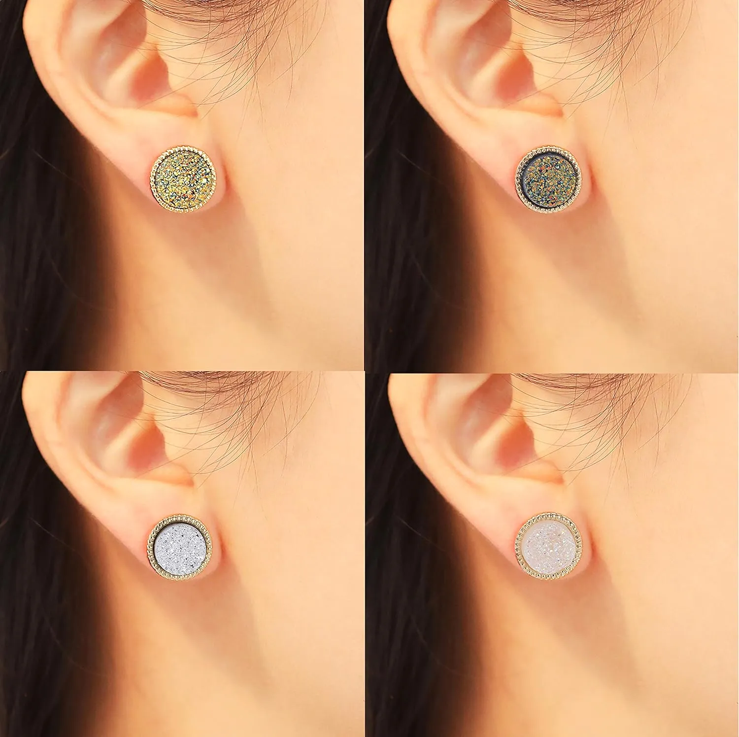 9/18Pairs 20G Round Stud Earrings Stainless Steel Cute Druzy Crystal Studs Earrings Pierced for Women Men 10mm/12mm