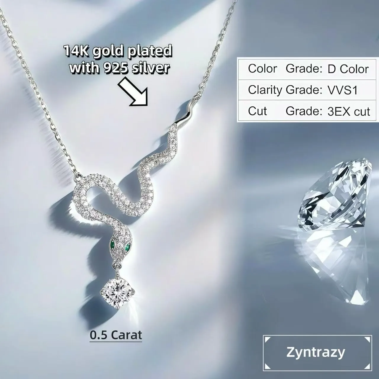 925 Silver 14K Gold Plated Necklace, 0.5 Carat Colorless Moissanite, Gift for Wife, Mother, Girlfriend