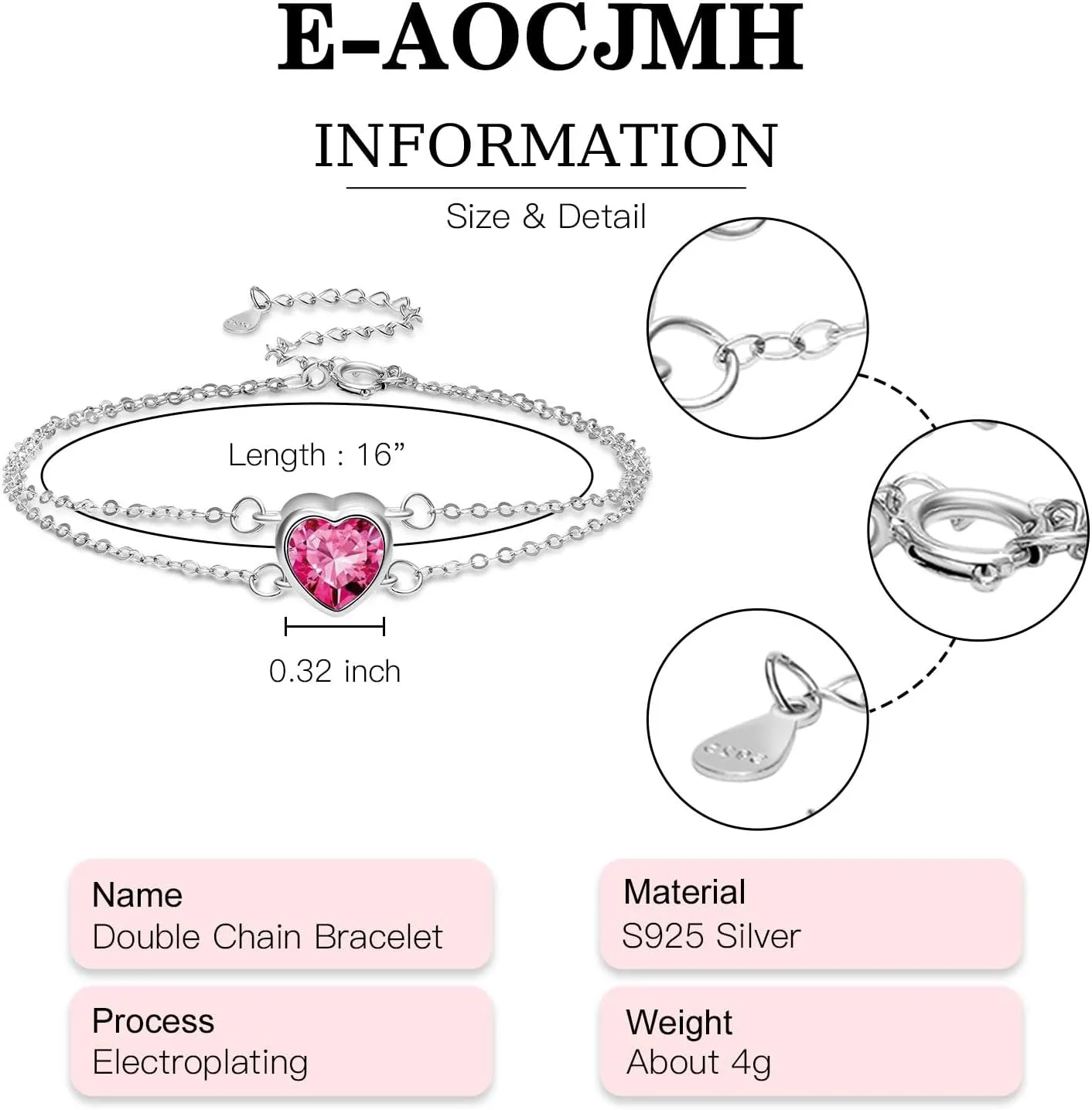 925 Silver Heart Birthstone Bracelets for Women Simple Adjustable Double Strand Bracelet Fine Jewelry for Birthday Valentines Day for Girls Mom Wife