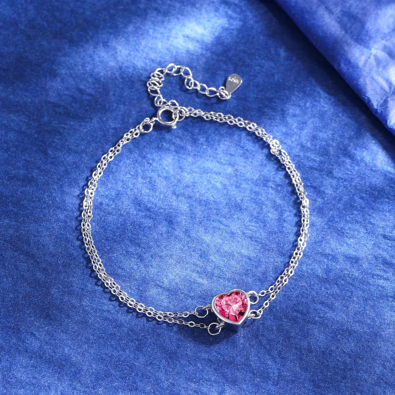 925 Silver Heart Birthstone Bracelets for Women Simple Adjustable Double Strand Bracelet Fine Jewelry for Birthday Valentines Day for Girls Mom Wife