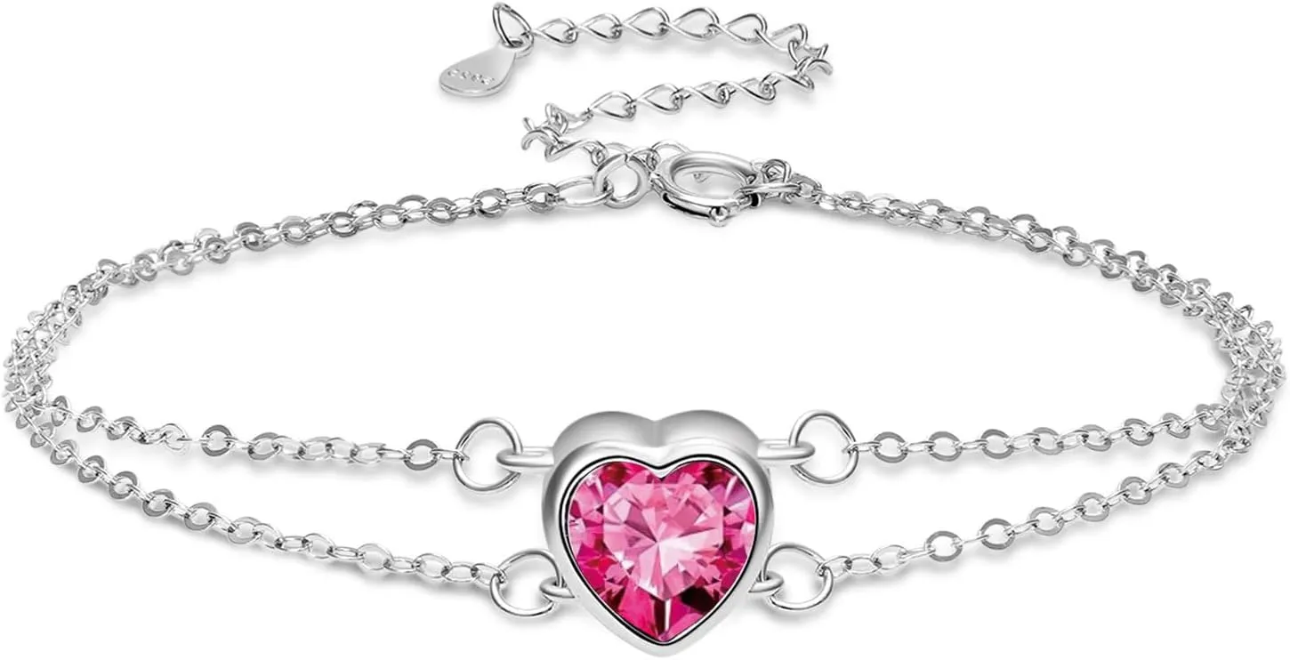 925 Silver Heart Birthstone Bracelets for Women Simple Adjustable Double Strand Bracelet Fine Jewelry for Birthday Valentines Day for Girls Mom Wife