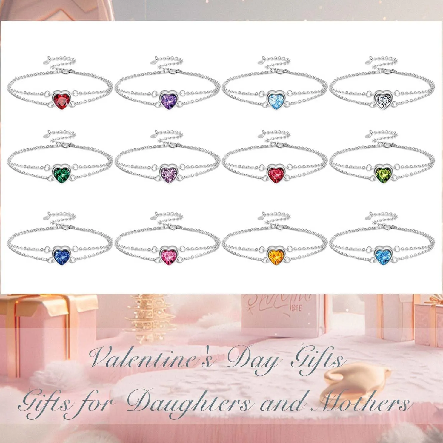 925 Silver Heart Birthstone Bracelets for Women Simple Adjustable Double Strand Bracelet Fine Jewelry for Birthday Valentines Day for Girls Mom Wife