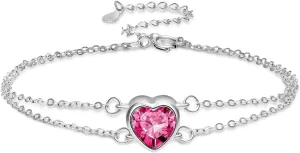 925 Silver Heart Birthstone Bracelets for Women Simple Adjustable Double Strand Bracelet Fine Jewelry for Birthday Valentines Day for Girls Mom Wife