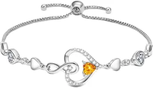 925 Silver Infinity Heart Birthstone Bracelets for Women Simple Adjustable Infinity Bracelet Fine Jewelry for Birthday Valentines Day for Girls Mom Wife