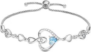 925 Silver Infinity Heart Birthstone Bracelets for Women Simple Adjustable Infinity Bracelet Fine Jewelry for Birthday Valentines Day for Girls Mom Wife