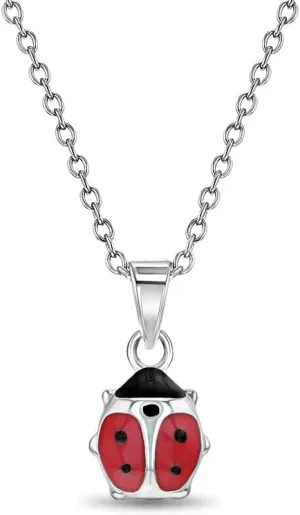 925 Sterling Silver 18" Red & Black Enamel Ladybug Pendant Necklace for Children & Preteens - Fun & Fashionable Animal Theme Link Chain Necklaces - Beautiful Lady Bugs Charm Jewelry for Young Girls