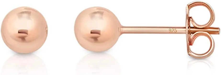 925 Sterling Silver Ball Studs 18K Rose Gold Plated Earrings - Rose Gold Earrings for Women - Small Ball Earring - Hypoallergenic Ear Piercing - Golden Studs for Women - Diameter: 2 mm to 12 mm
