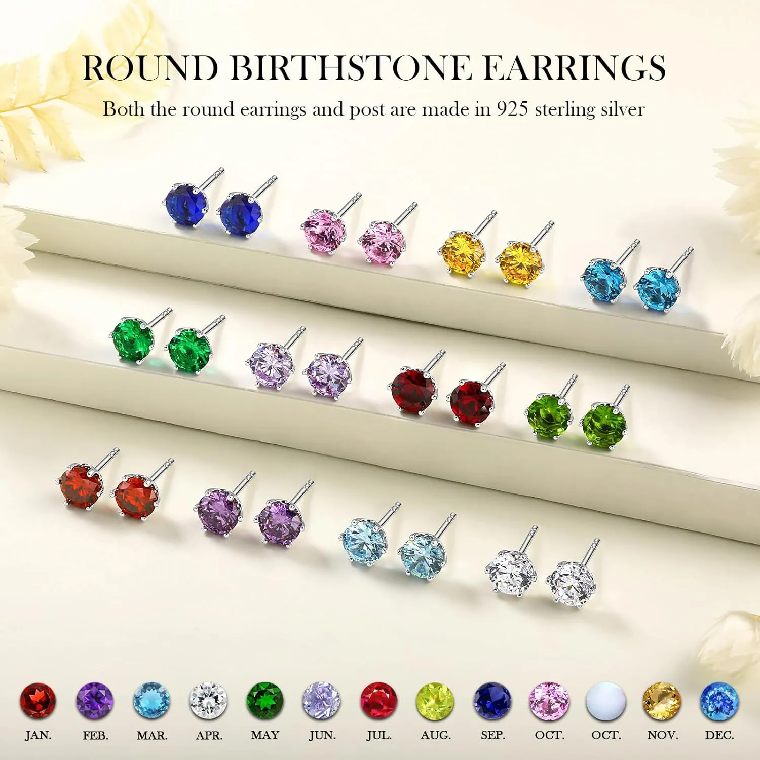 925 Sterling Silver Birthstone Earrings for Women Small Stud Earrings Round/Princess Cut Gemstone Earrings Birthstone Jewelry