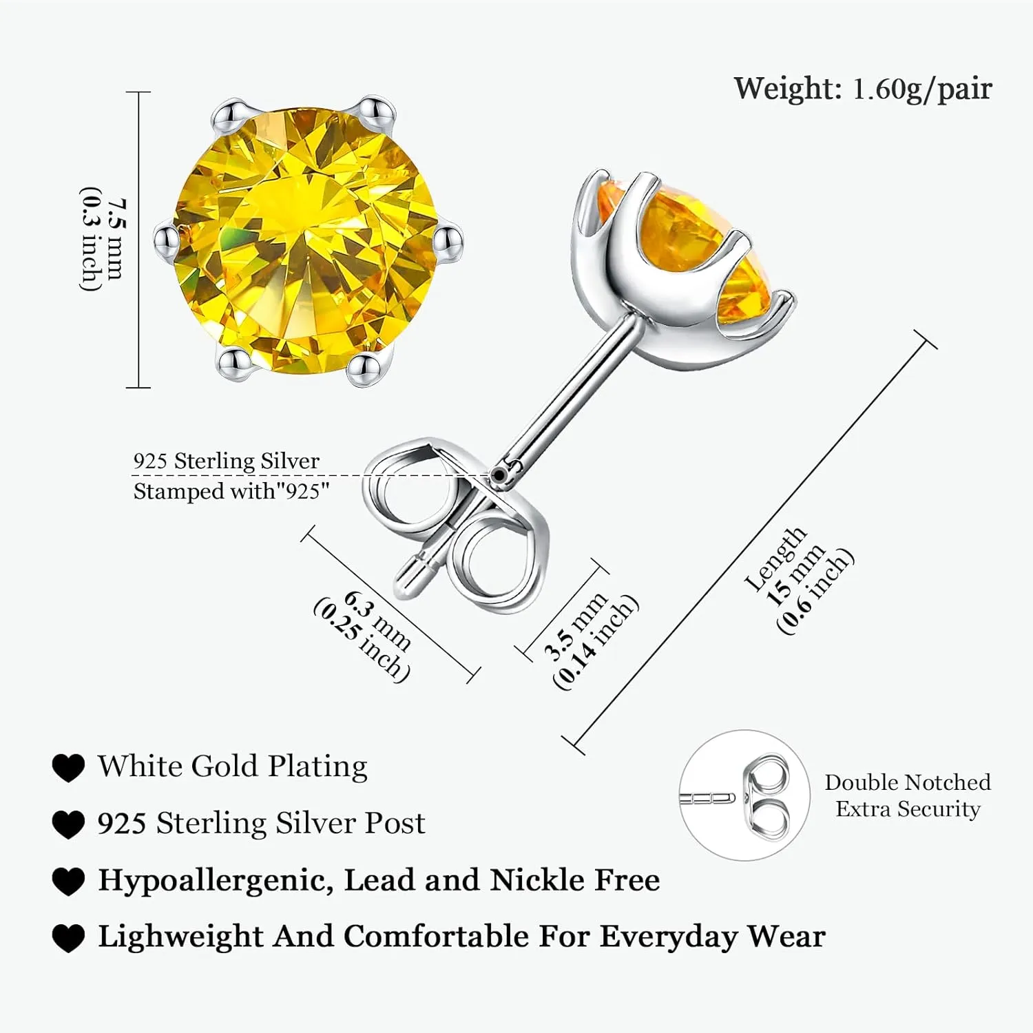 925 Sterling Silver Birthstone Earrings for Women Small Stud Earrings Round/Princess Cut Gemstone Earrings Birthstone Jewelry