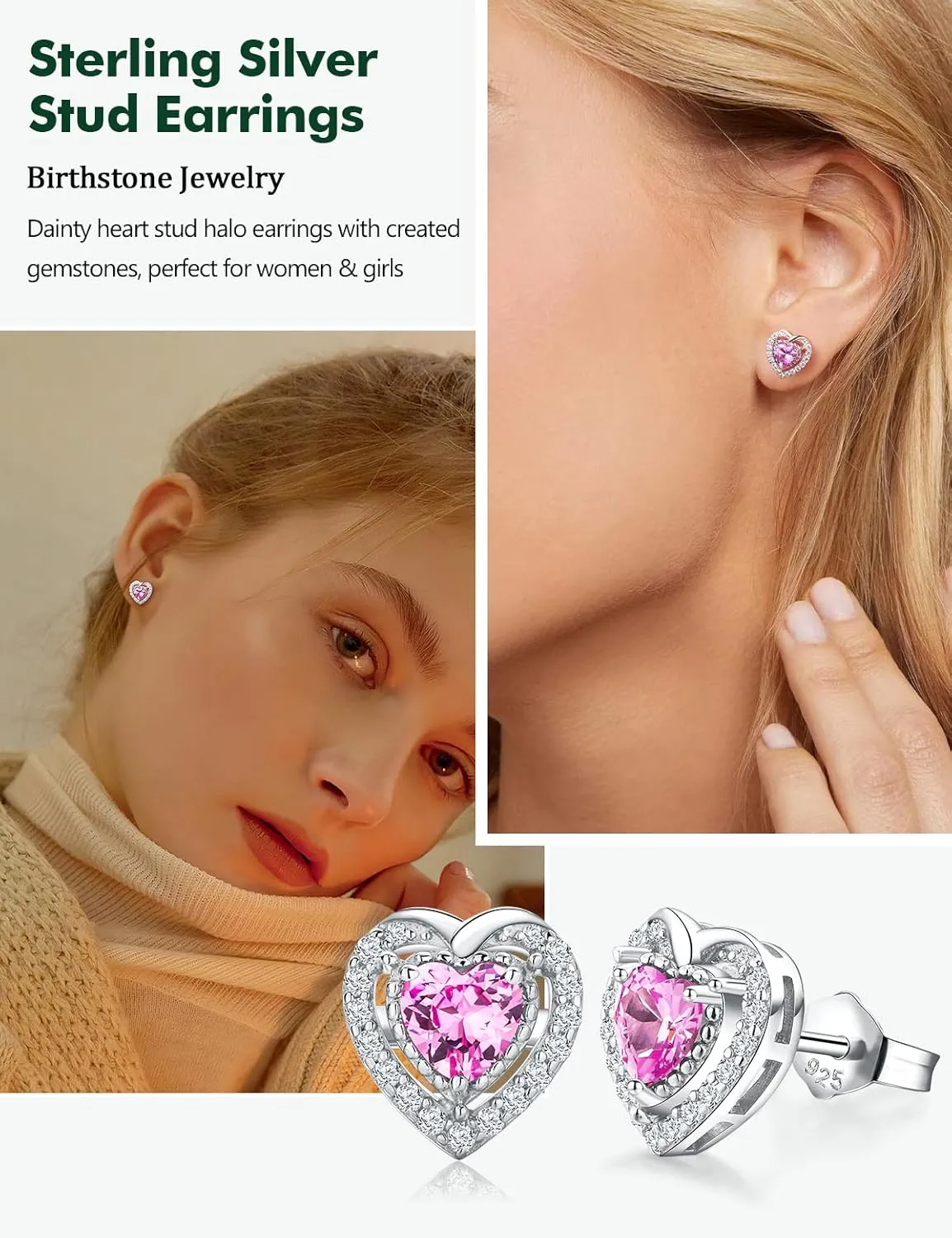 925 Sterling Silver Birthstone Earrings for Women Teen Girls Dainty Cute Created Gemstone Crystal Square Earrings Double Halo Stud Earrings