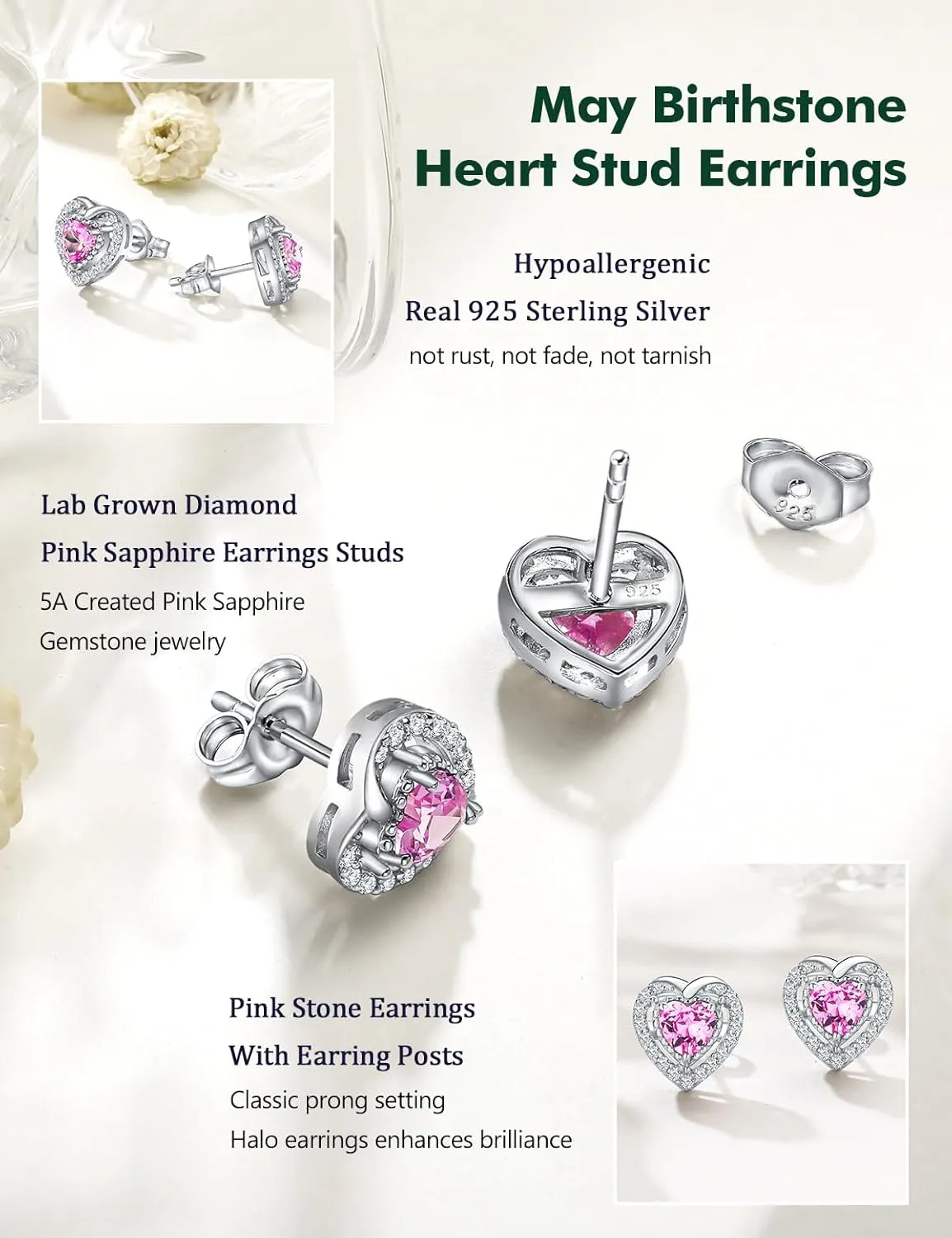 925 Sterling Silver Birthstone Earrings for Women Teen Girls Dainty Cute Created Gemstone Crystal Square Earrings Double Halo Stud Earrings