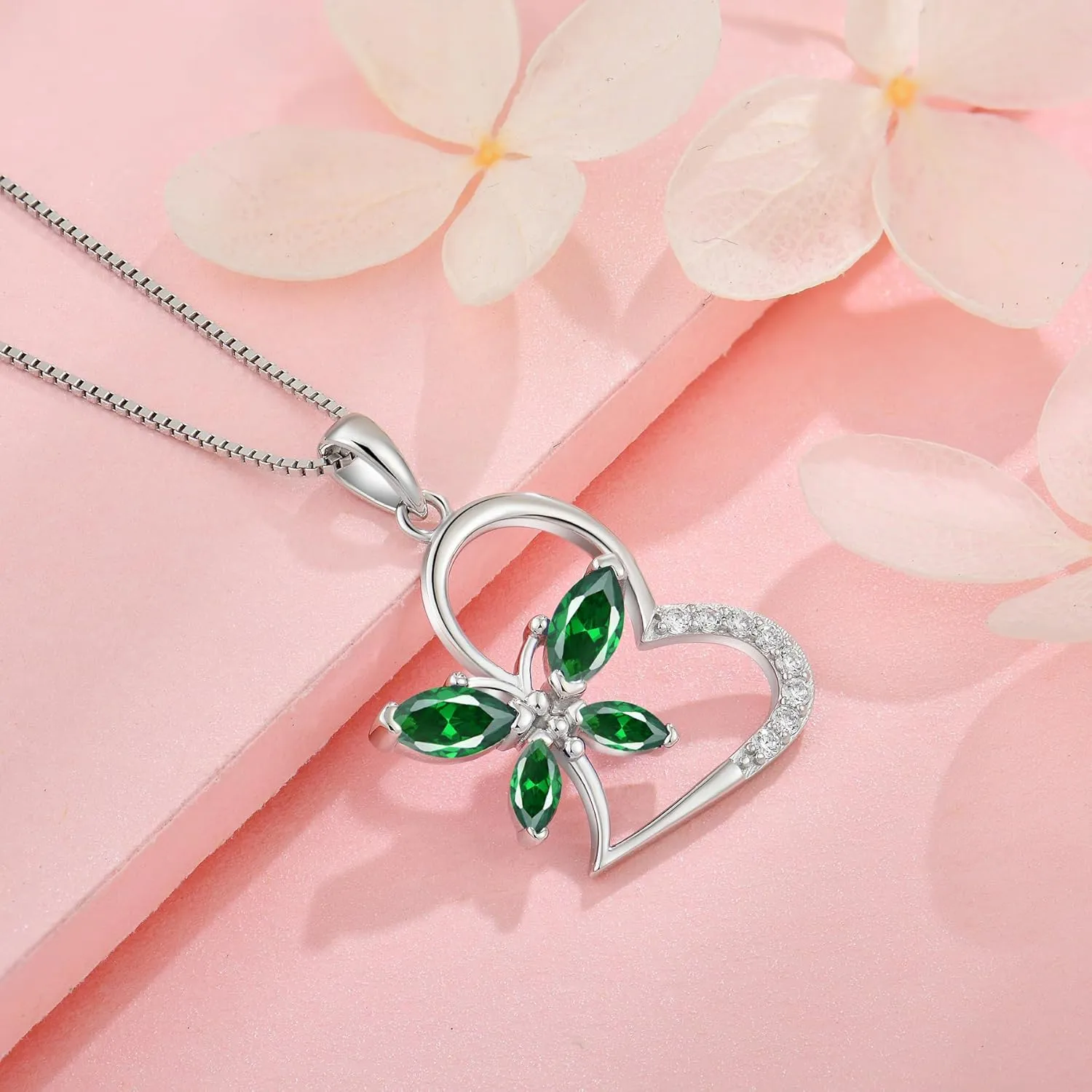 925 Sterling Silver Butterfly Birthstone Heart Necklace for Women 5A Cubic Zirconia Pendant Jewelry for Mother's Day Valentine Birthday Gifts for Her