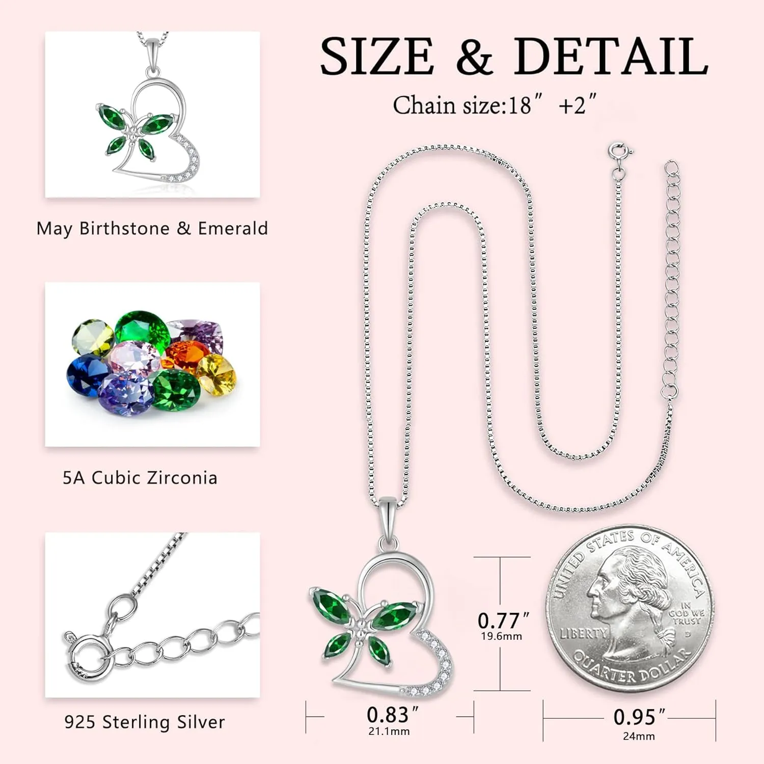 925 Sterling Silver Butterfly Birthstone Heart Necklace for Women 5A Cubic Zirconia Pendant Jewelry for Mother's Day Valentine Birthday Gifts for Her