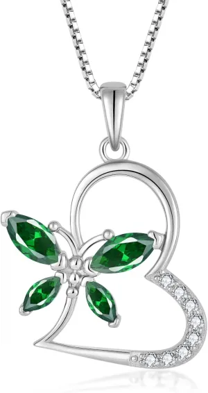 925 Sterling Silver Butterfly Birthstone Heart Necklace for Women 5A Cubic Zirconia Pendant Jewelry for Mother's Day Valentine Birthday Gifts for Her