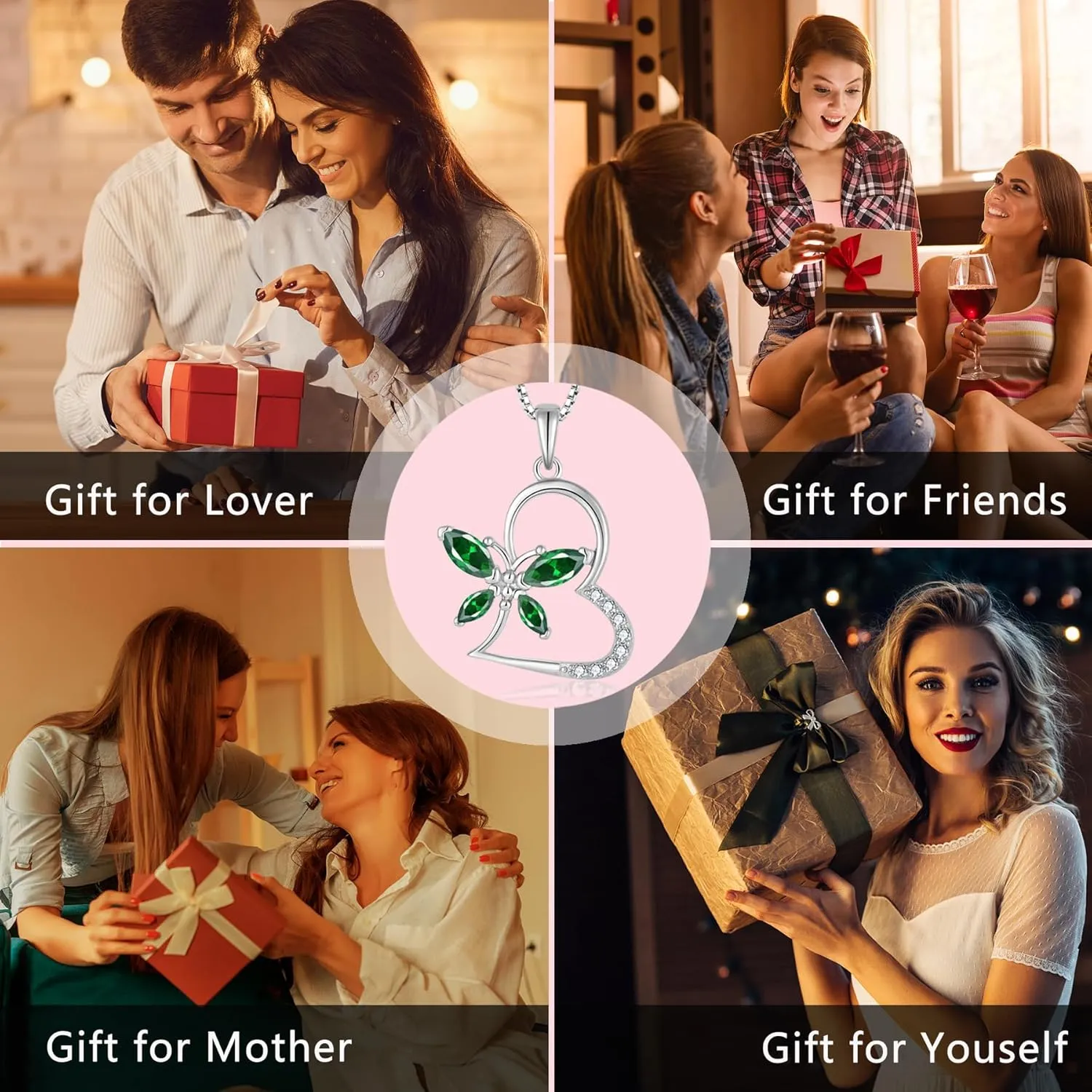 925 Sterling Silver Butterfly Birthstone Heart Necklace for Women 5A Cubic Zirconia Pendant Jewelry for Mother's Day Valentine Birthday Gifts for Her