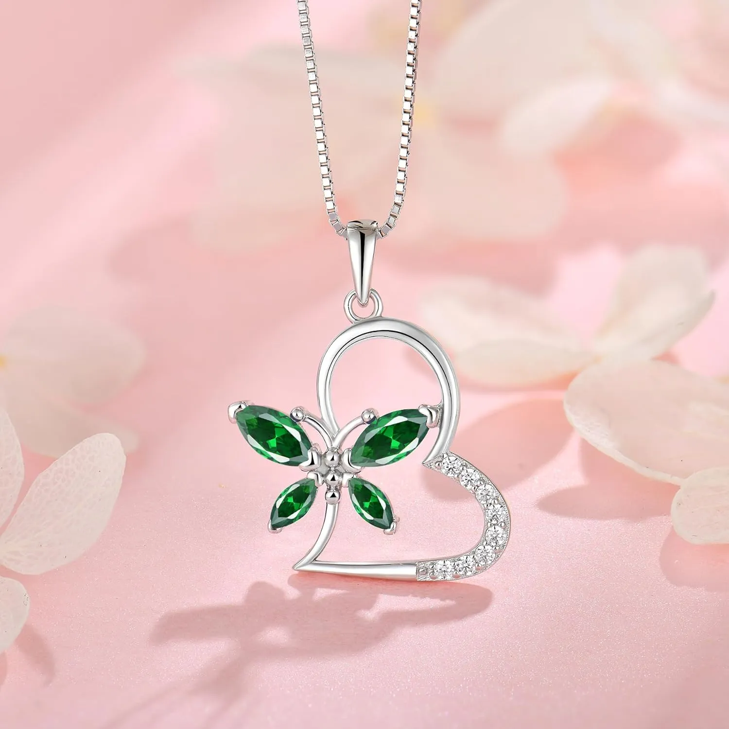 925 Sterling Silver Butterfly Birthstone Heart Necklace for Women 5A Cubic Zirconia Pendant Jewelry for Mother's Day Valentine Birthday Gifts for Her