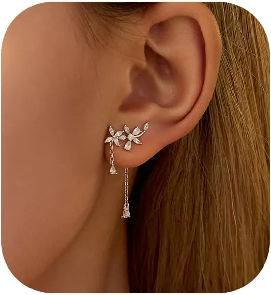 925 Sterling Silver Dainty Flower Stud Earrings for Women Hypoallergenic CZ Tassel Drop Earrings for Women Sparkling Zircon Hanging Chain Jewelry for Mother Graduation Gift