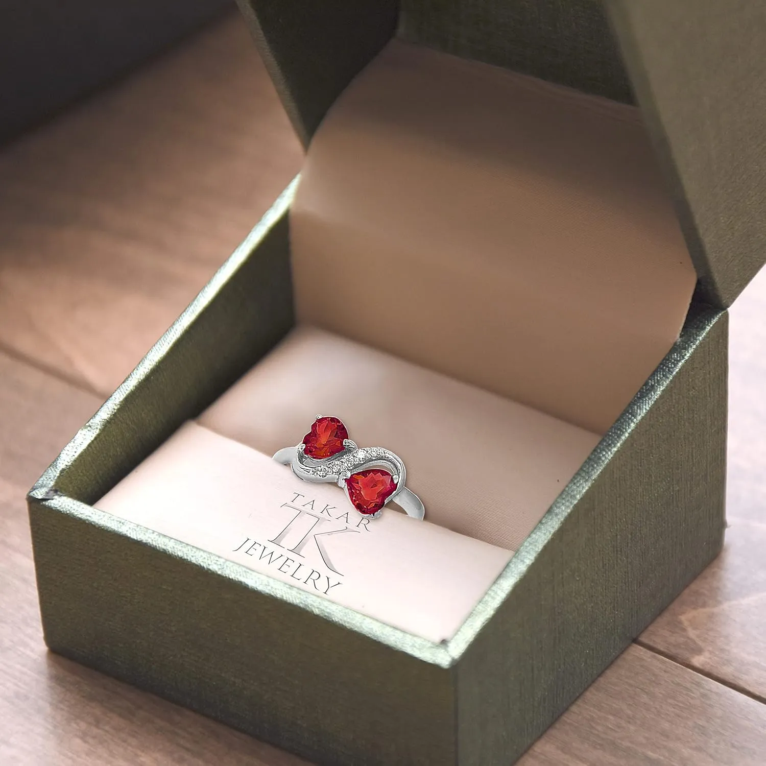 925 Sterling Silver Double Heart Garnet And Diamond Infinity Ring Birthstone Heart Ring Garnet Jewelry For Women Made In USA