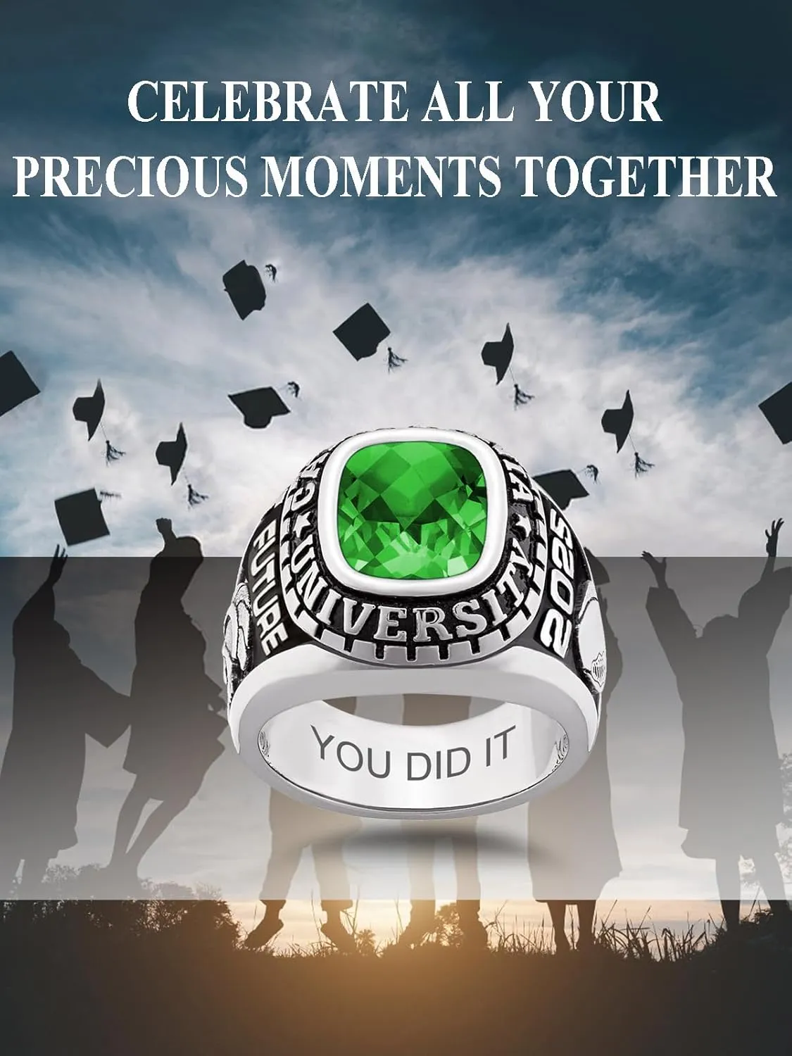 925 Sterling Silver High School College Masters Graduation Rings Personalized Senior Class Of 2024 Ring With Birthstones Graduation Gift(With Gift Box)