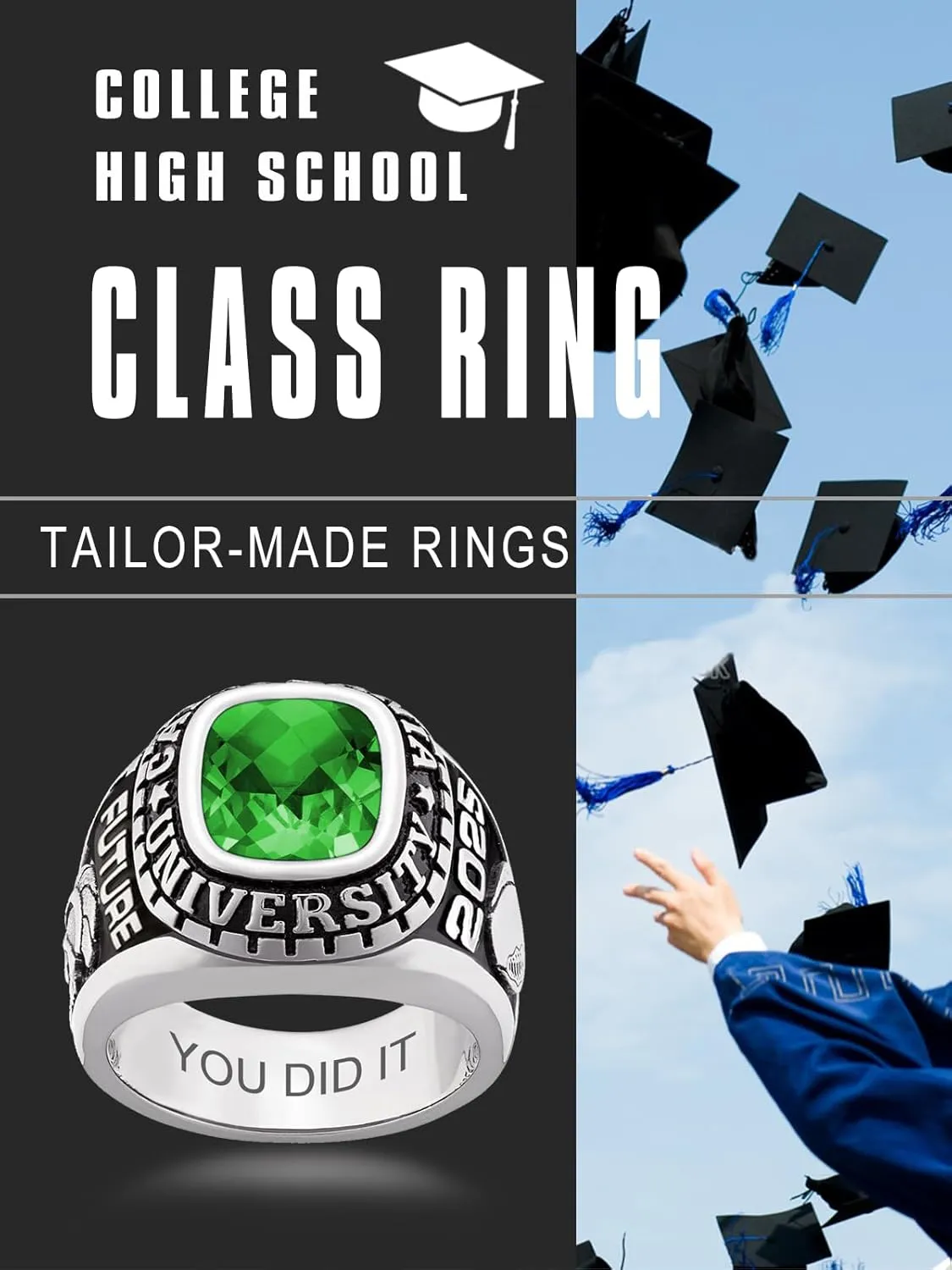 925 Sterling Silver High School College Masters Graduation Rings Personalized Senior Class Of 2024 Ring With Birthstones Graduation Gift(With Gift Box)
