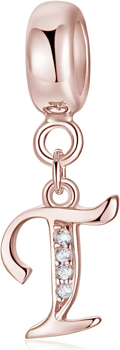 925 Sterling Silver Initial Letter Charms for Bracelets and Necklace Sparkling Rose Gold Cubic Zirconia Alphabet Dangle Pendant Charms for Women Girls