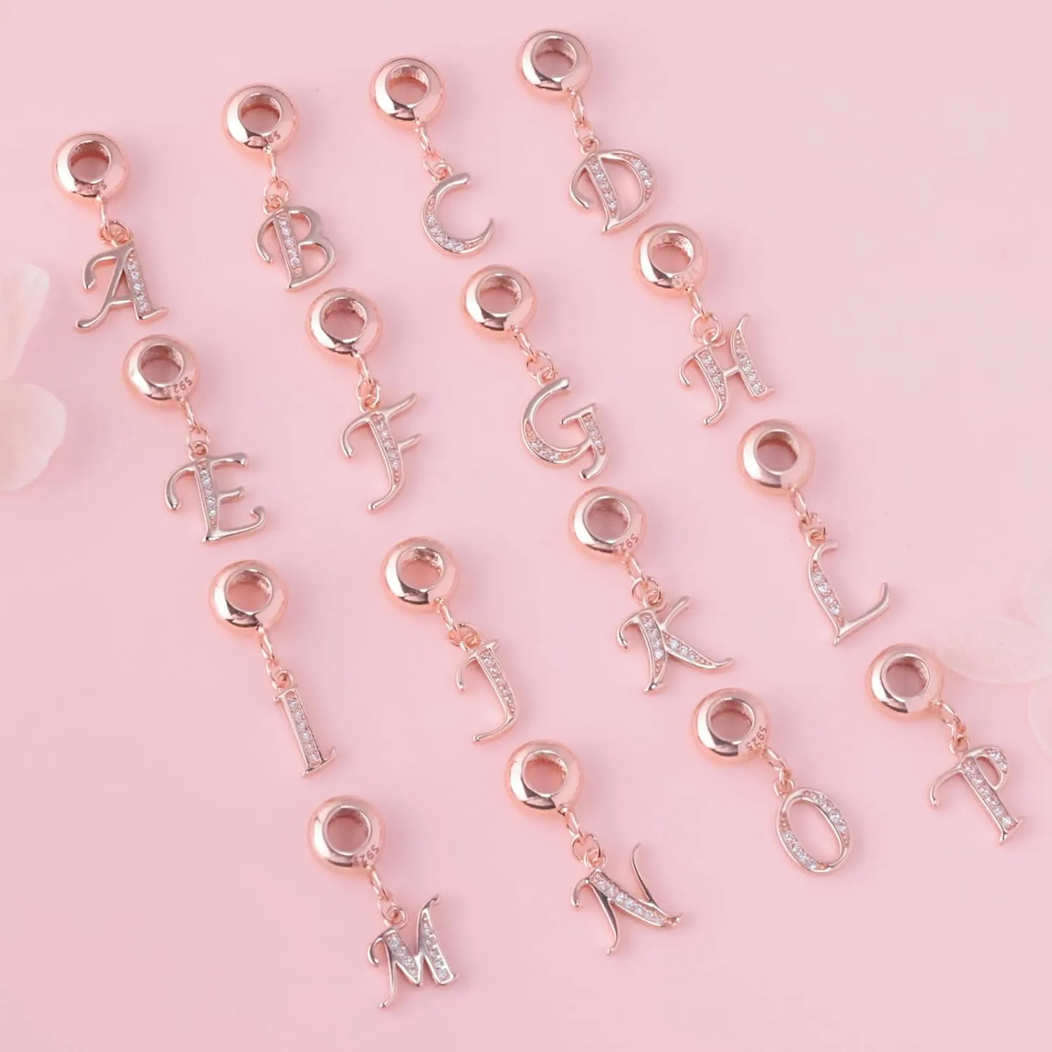 925 Sterling Silver Initial Letter Charms for Bracelets and Necklace Sparkling Rose Gold Cubic Zirconia Alphabet Dangle Pendant Charms for Women Girls