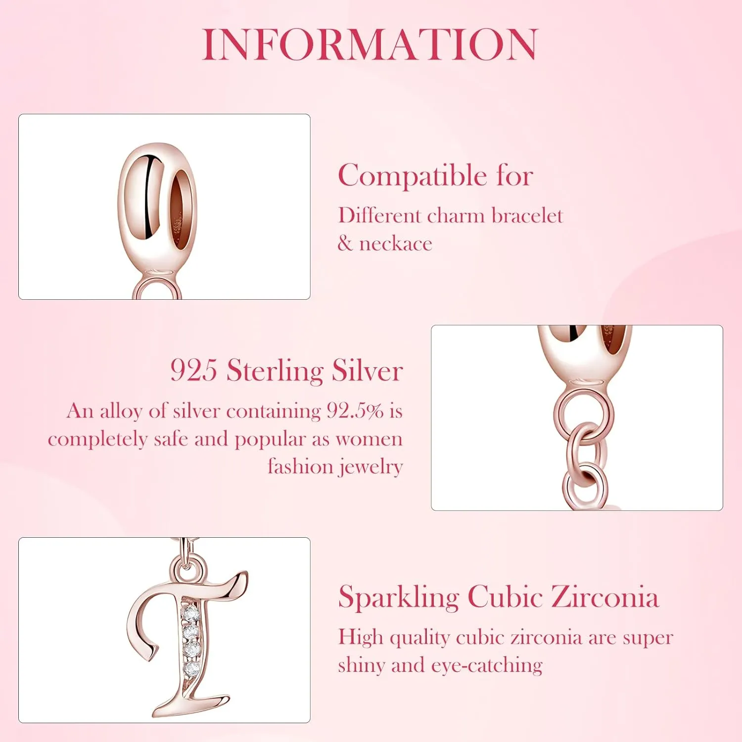 925 Sterling Silver Initial Letter Charms for Bracelets and Necklace Sparkling Rose Gold Cubic Zirconia Alphabet Dangle Pendant Charms for Women Girls