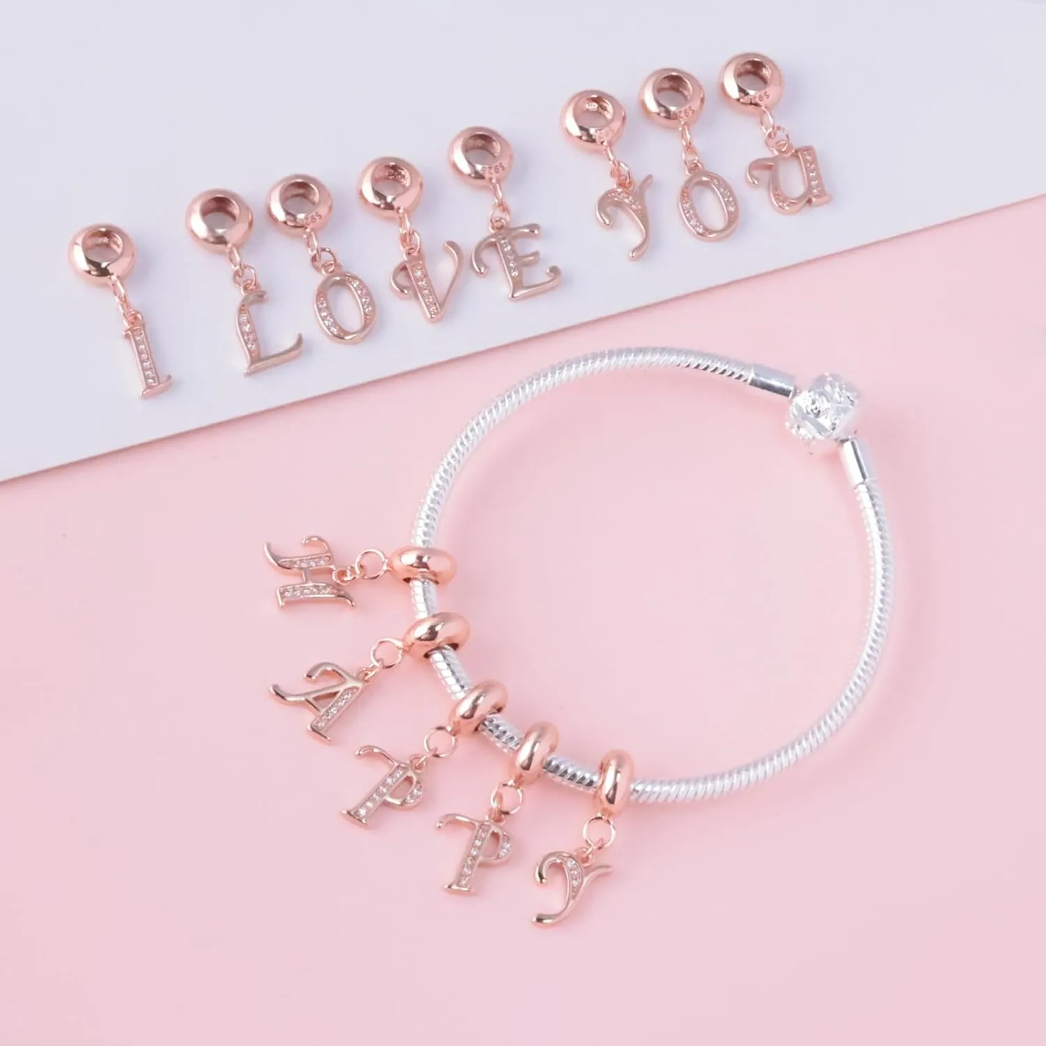 925 Sterling Silver Initial Letter Charms for Bracelets and Necklace Sparkling Rose Gold Cubic Zirconia Alphabet Dangle Pendant Charms for Women Girls