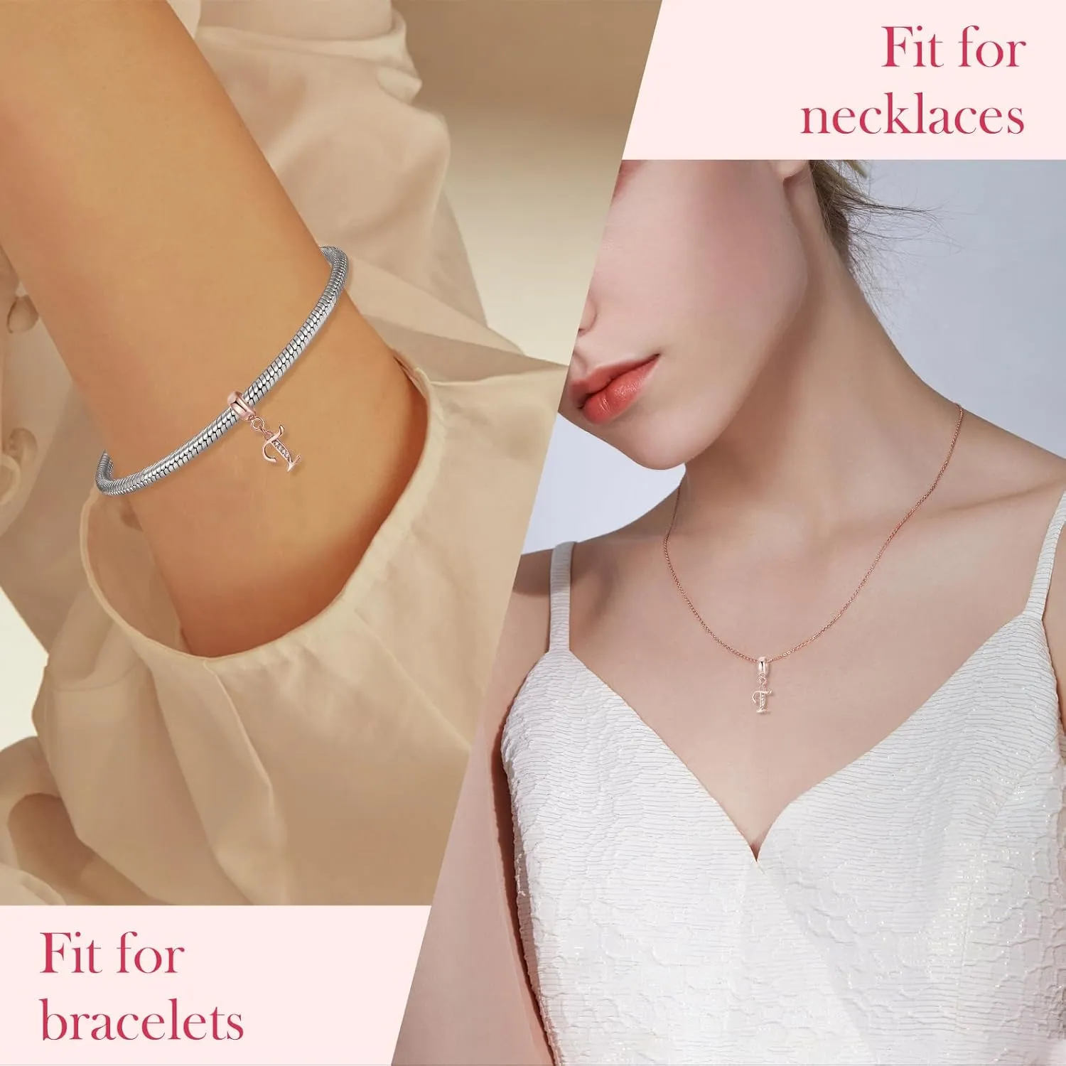 925 Sterling Silver Initial Letter Charms for Bracelets and Necklace Sparkling Rose Gold Cubic Zirconia Alphabet Dangle Pendant Charms for Women Girls