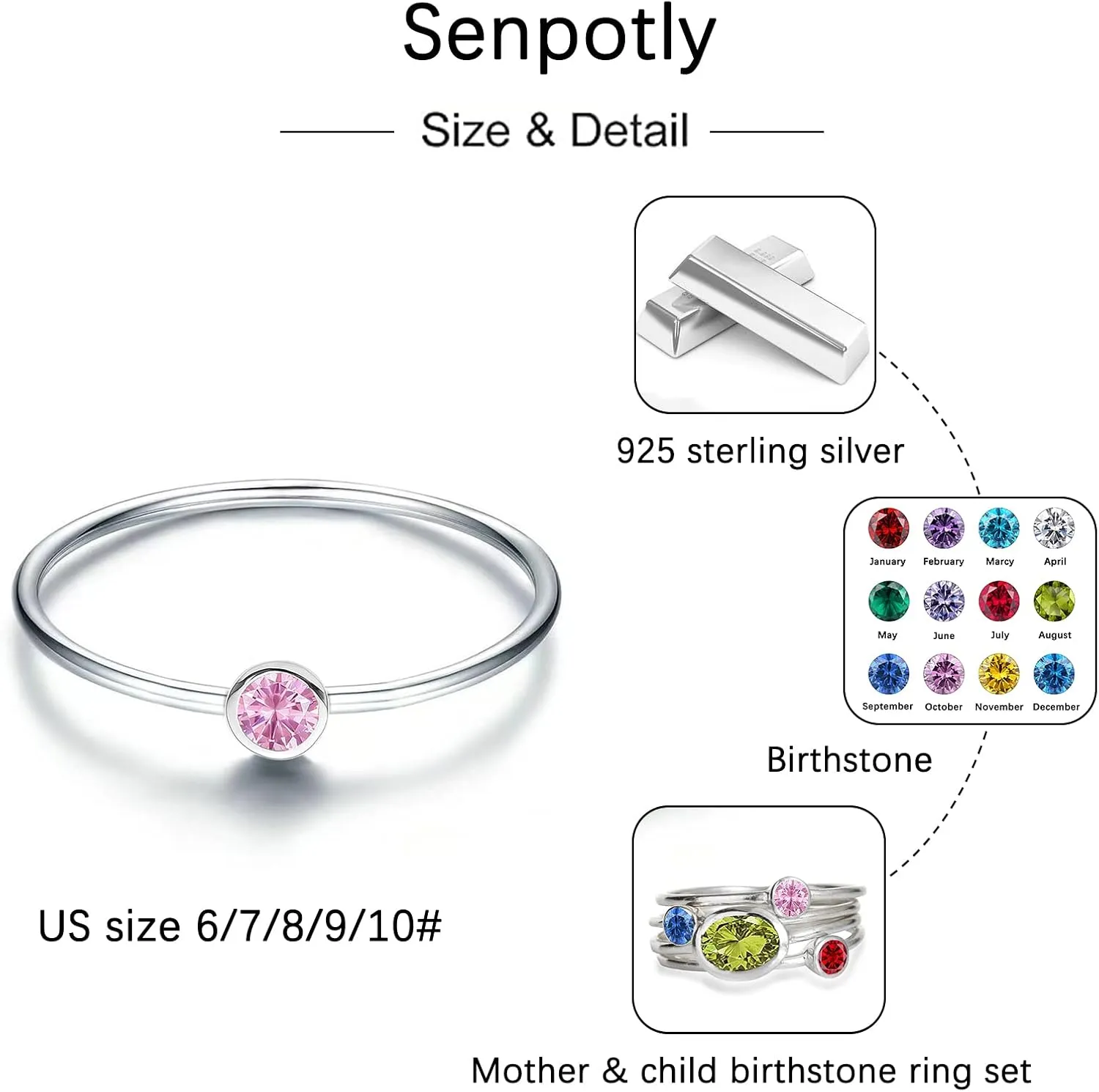 925 Sterling Silver Mother Child Birthstone Stackable Rings Set Mother Ring with Birthstone Mother Daughter Family Ring Mother's Day Jewelry Gifts for Wife