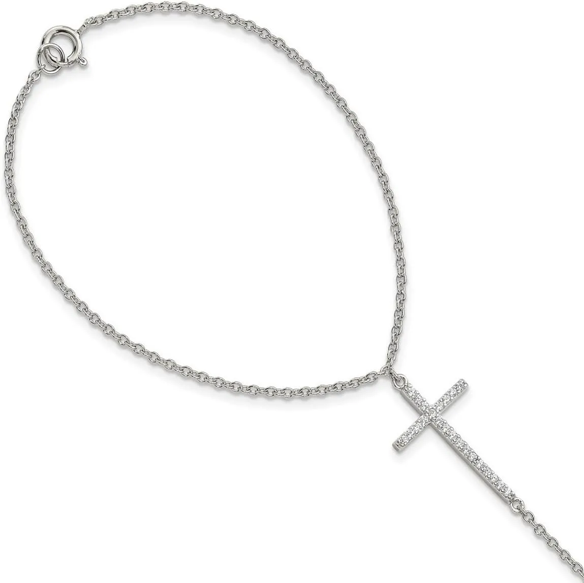 925 Sterling Silver Spring-Ring Polished CZ Simulated Diamond Religious Faith Cross Attached Ring Bracelet Size 7 Jewelry Set for Women