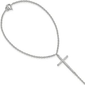 925 Sterling Silver Spring-Ring Polished CZ Simulated Diamond Religious Faith Cross Attached Ring Bracelet Size 7 Jewelry Set for Women
