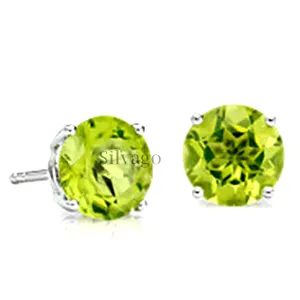 925 Sterling Silver Stud Earrings for Women & Girls (6MM Round Peridot)