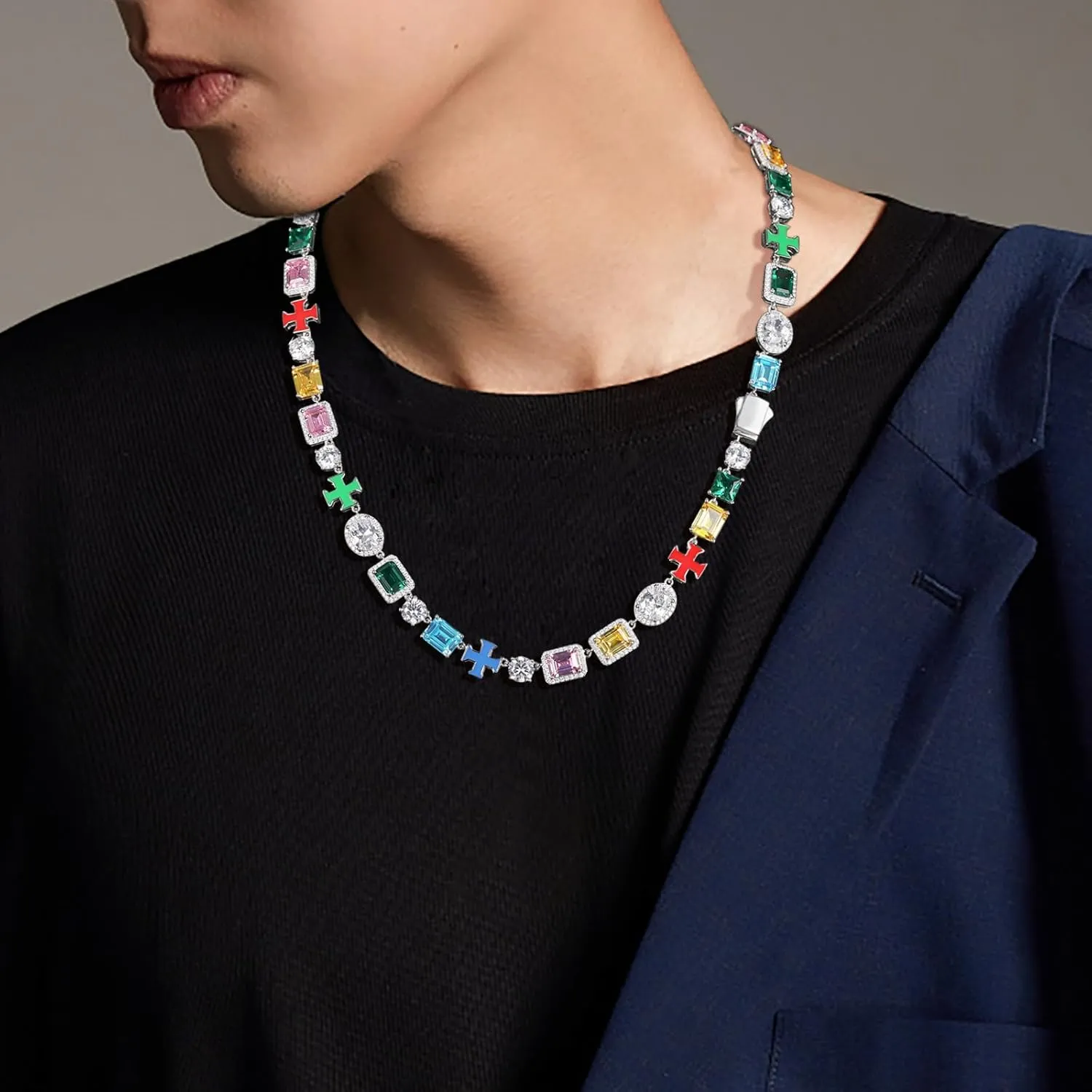 925 Sterling Silver Tennis Necklace 18K Gold Plated Diamond Chain For Men Women 8MM Tennis Diamond Necklace Colorful Cross Halo Hypoallergenic Cubic Zirconia Chains Birthday Christmas Gift
