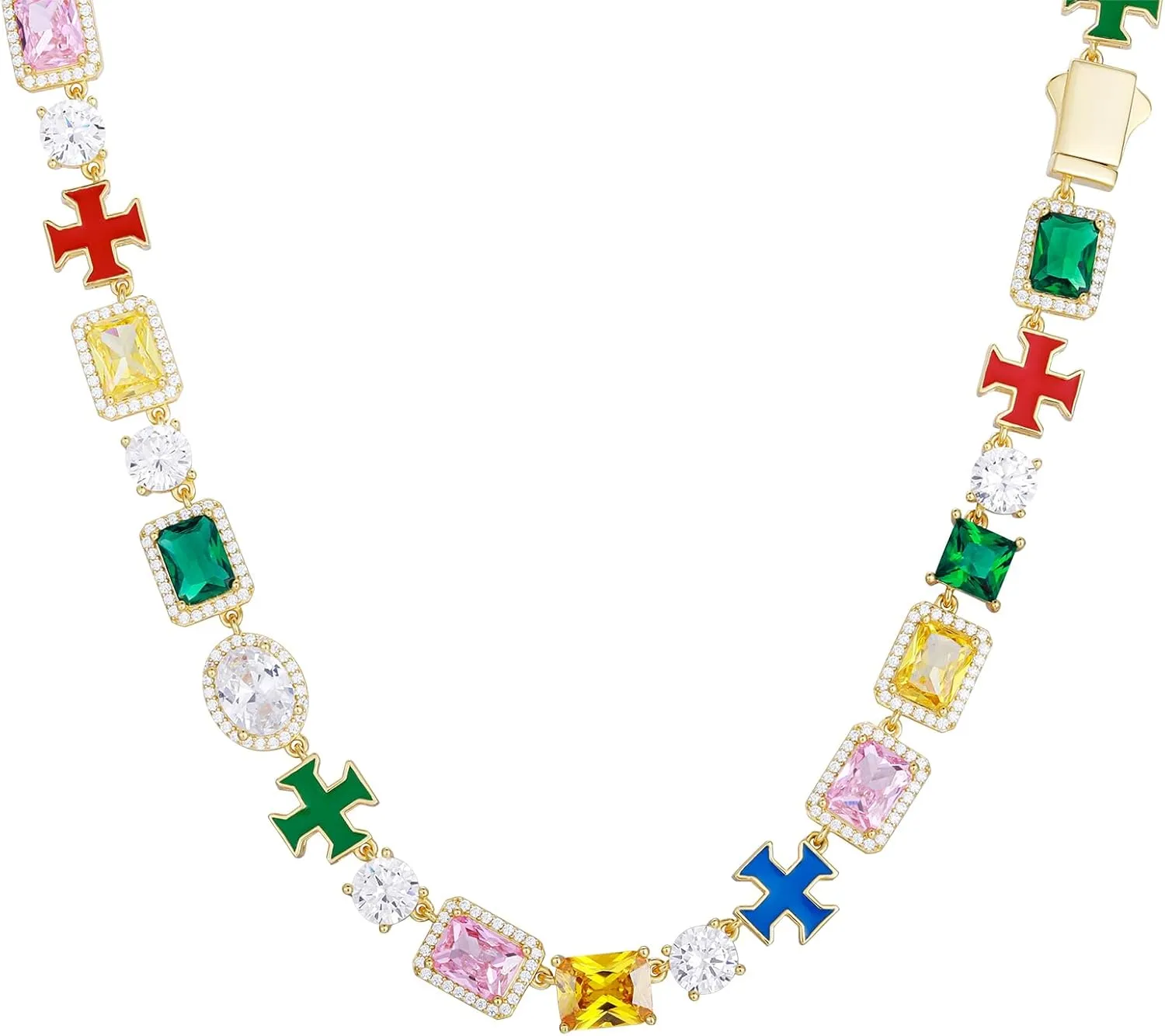 925 Sterling Silver Tennis Necklace 18K Gold Plated Diamond Chain For Men Women 8MM Tennis Diamond Necklace Colorful Cross Halo Hypoallergenic Cubic Zirconia Chains Birthday Christmas Gift