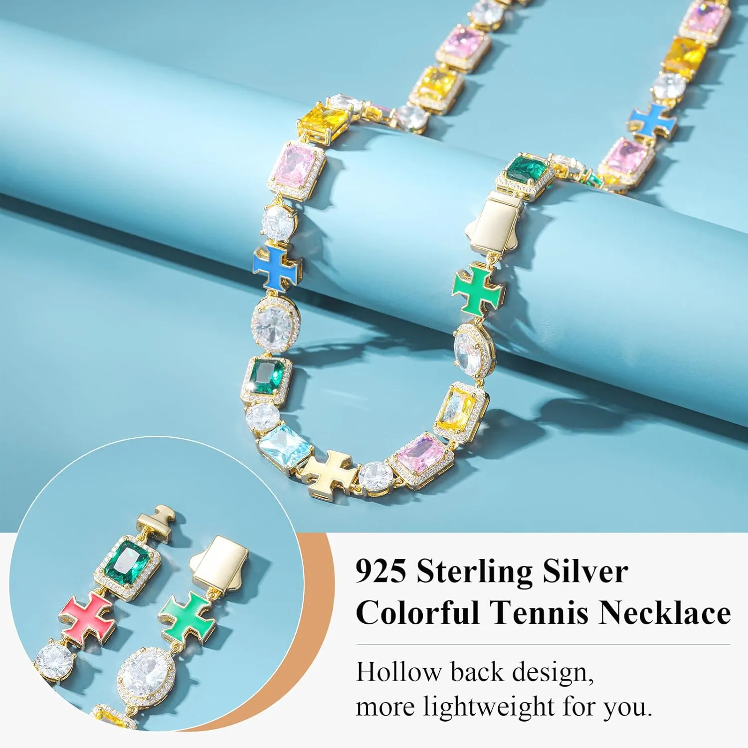 925 Sterling Silver Tennis Necklace 18K Gold Plated Diamond Chain For Men Women 8MM Tennis Diamond Necklace Colorful Cross Halo Hypoallergenic Cubic Zirconia Chains Birthday Christmas Gift