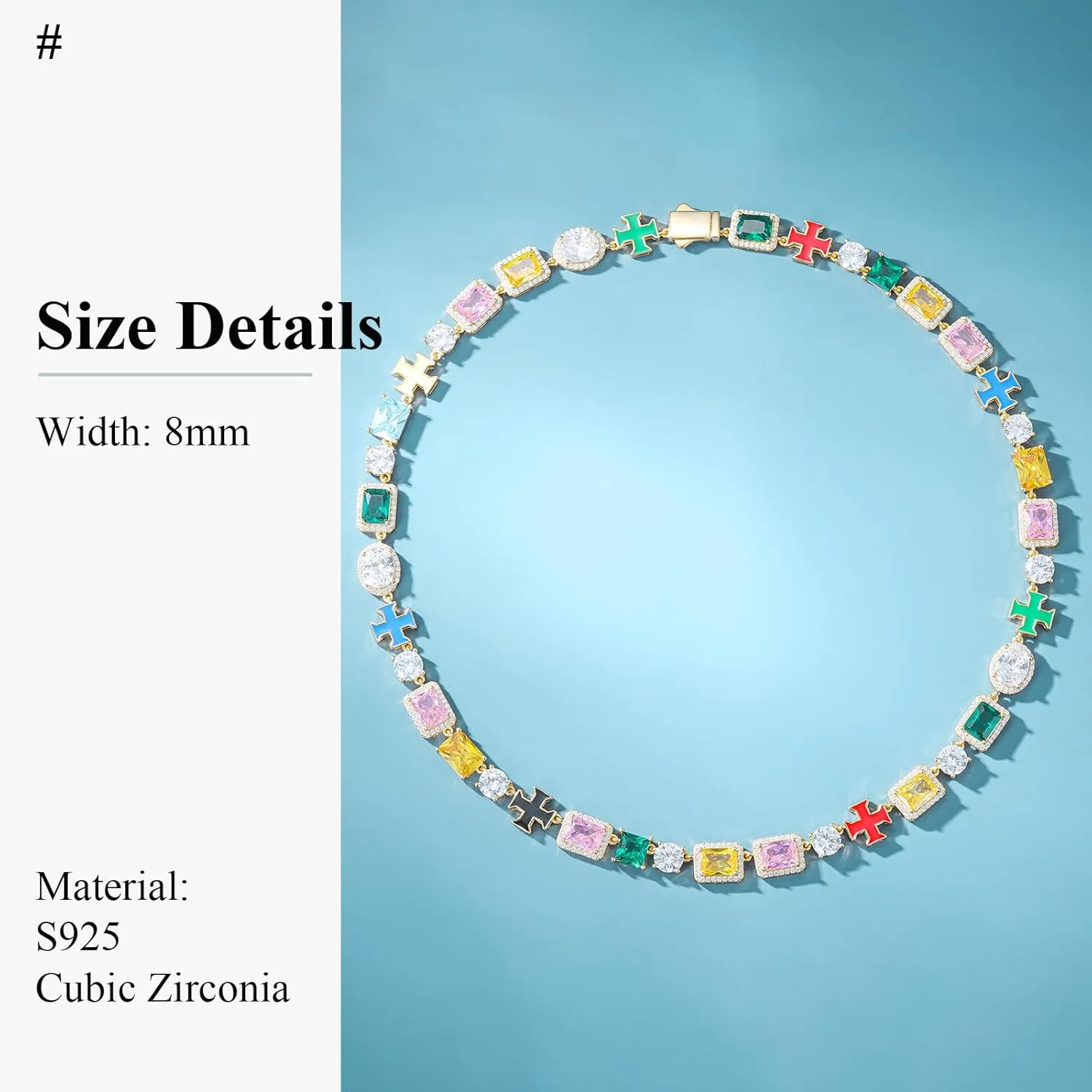925 Sterling Silver Tennis Necklace 18K Gold Plated Diamond Chain For Men Women 8MM Tennis Diamond Necklace Colorful Cross Halo Hypoallergenic Cubic Zirconia Chains Birthday Christmas Gift